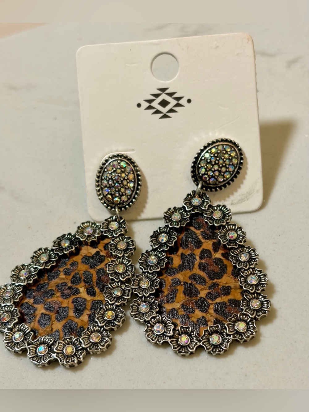 Leopard Print Teardrop Statement Earrings with Rhinestone Floral Trim